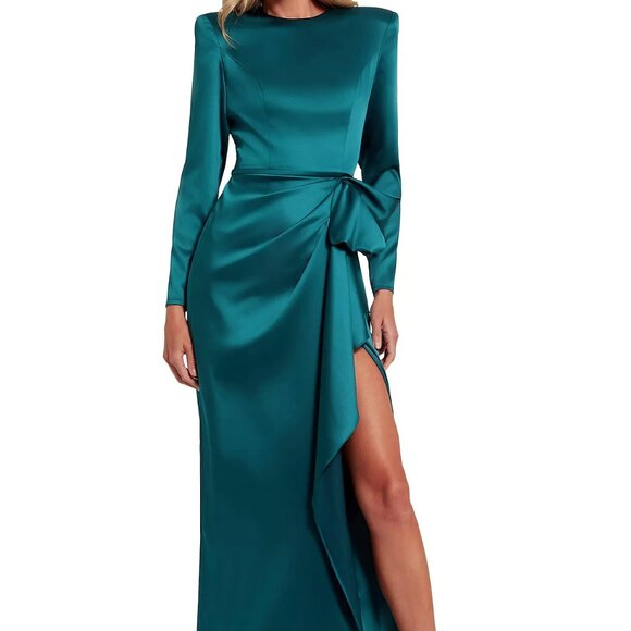 Mac Duggal Ocean Blue Satin Bow Long Sleeve Column Gown